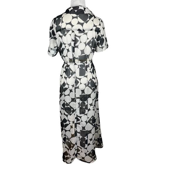 Shirt Dress Womens SZ 10 Black White Abstract Belted High Low Tradwife Sheer - Picture 2 of 14